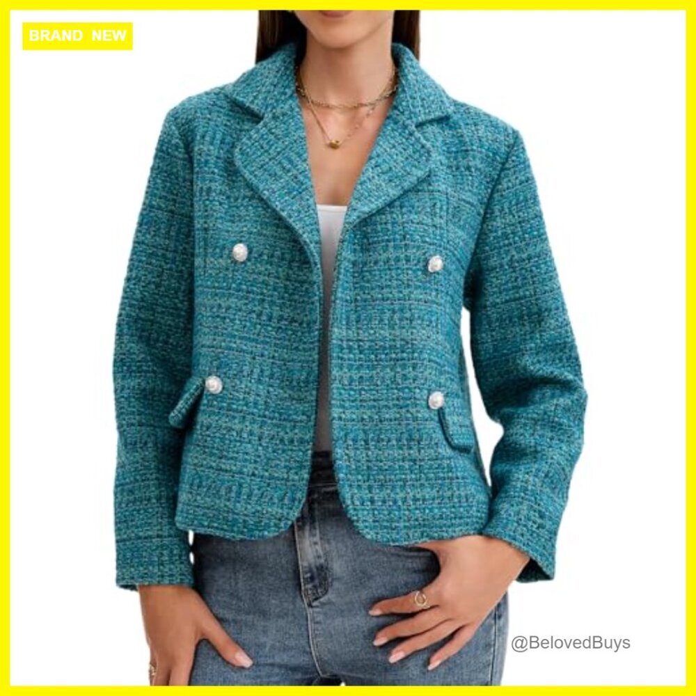 Short Tweed Blazer Double Breasted Pearl Button Work Casual Jacket - Picture 2 of 7
